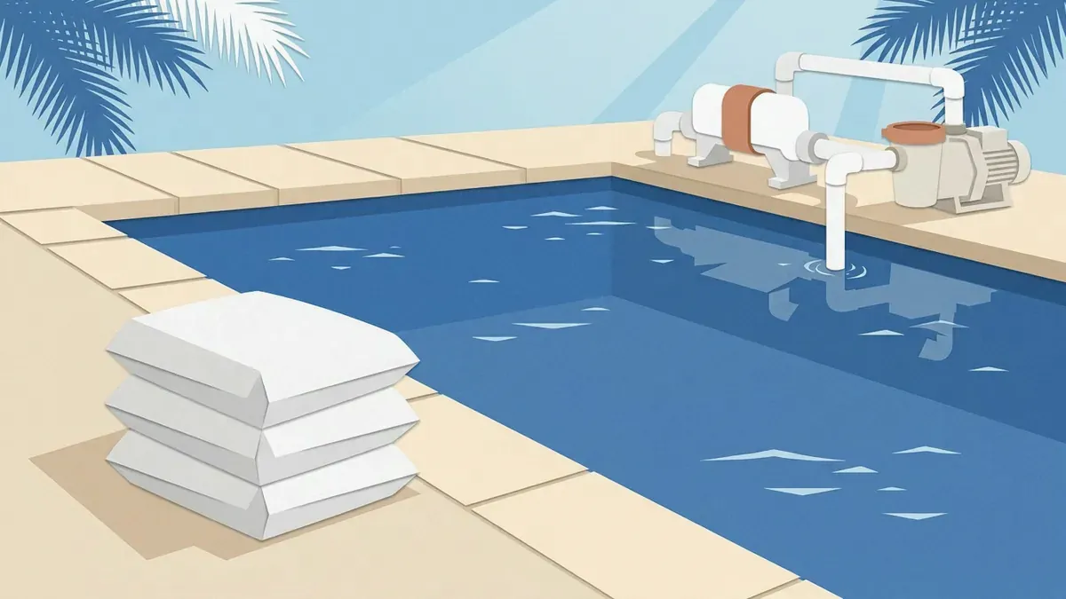 Bags of pool salt stacked on the deck beside a blue pool