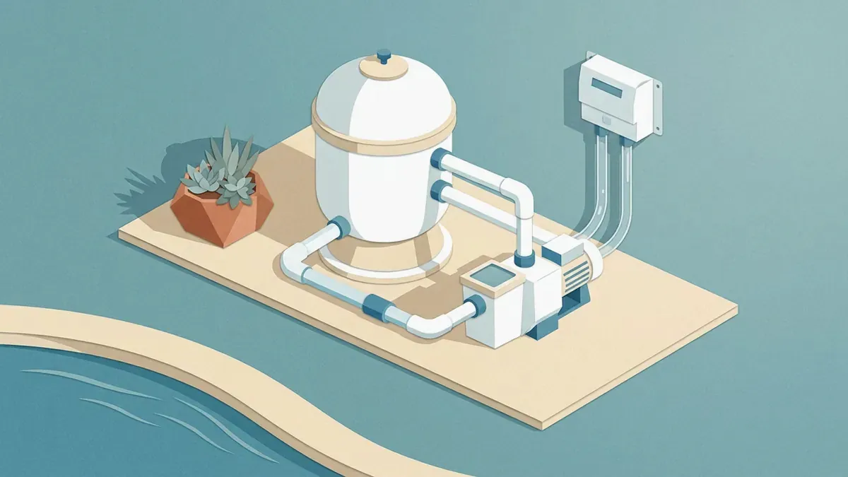 A pool pump, filter and salt chlorinator on an equipment pad