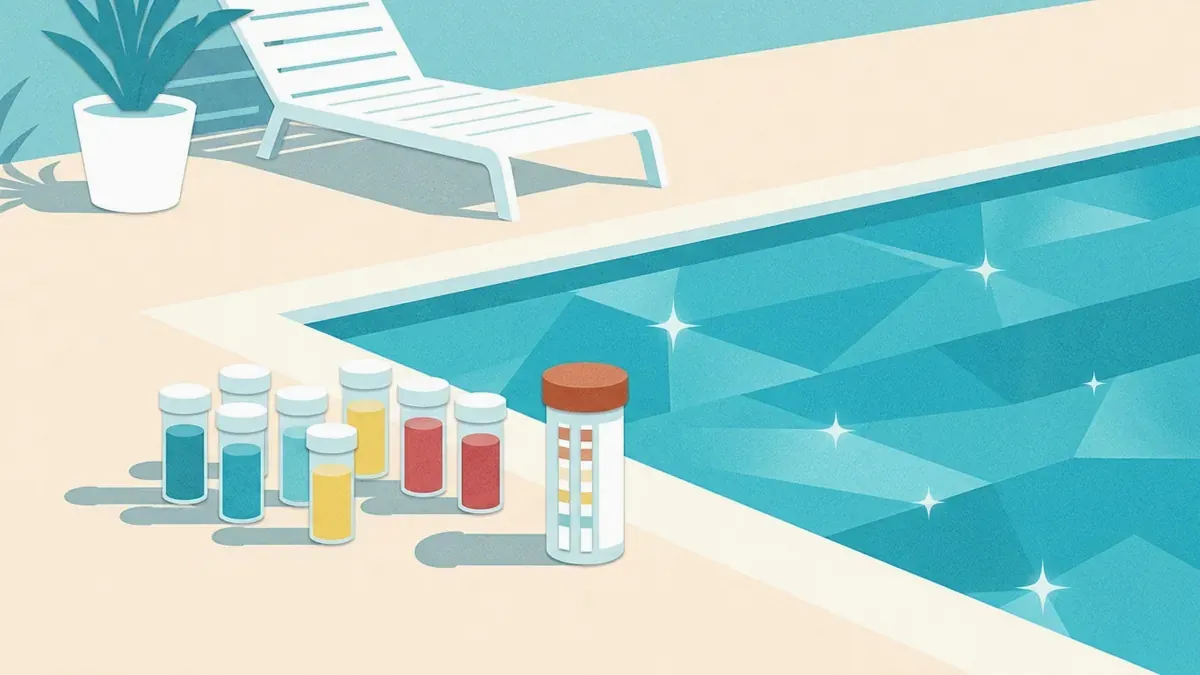 A pool test kit with vials and test strips on the pool edge